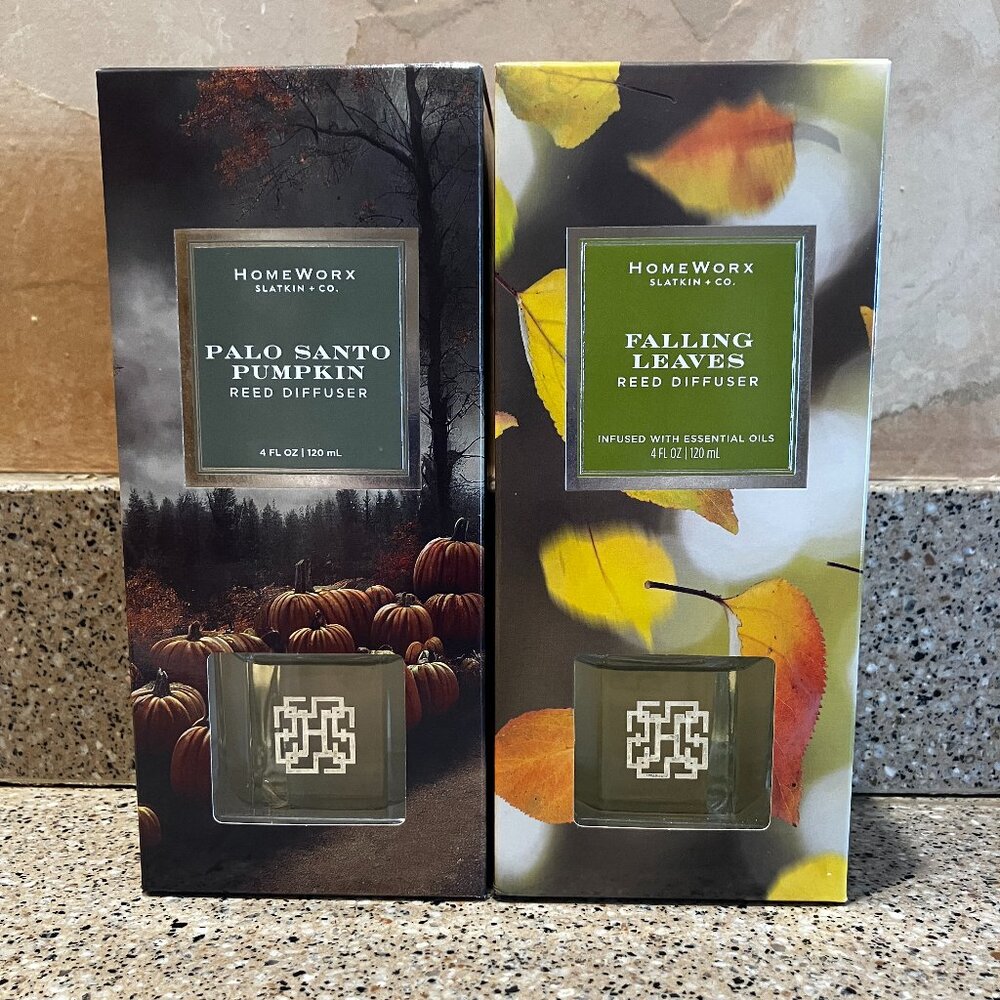 Slatkin HomeWorx 2 Reed Diffuser in Falling Leaves and Palo Santo Pumpkin ! NIB
